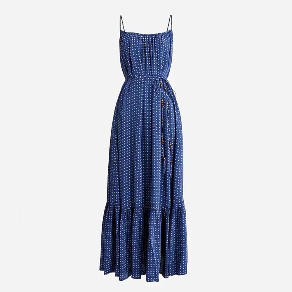 NWT J.Crew Caspia blue dot dress in crepe de chine size L blue maxi dress